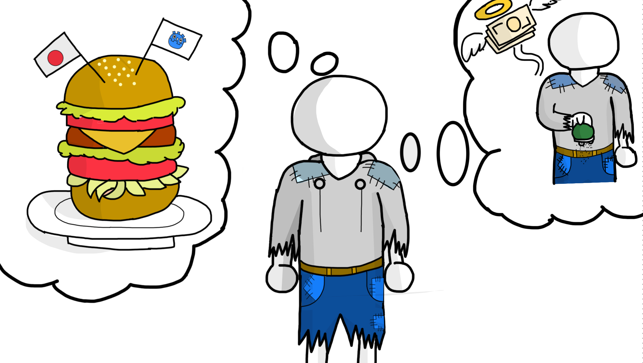 主人公は貧乏でお金と食べたもの（ハンバーガーあたり）を思い浮かべている様子